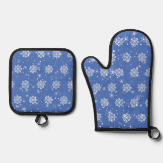 Ensemble De Gant De Cuisine Et De Manique Fêtes Flocons de Neige Bleu Blanc