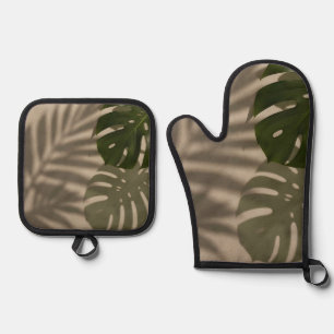 Ensemble De Gant De Cuisine Et De Manique Feuille Tropicale Minimaliste de Monstera Verte Om