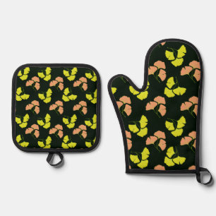 Ensemble De Gant De Cuisine Et De Manique Feuilles de Ginkgo Pastel-Néon sur Fond Noir