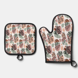 Ensemble De Gant De Cuisine Et De Manique Feuilles et formes organiques