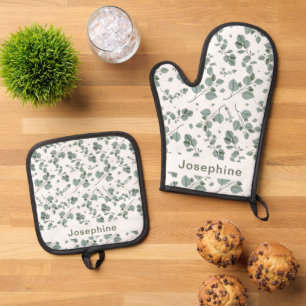 Ensemble De Gant De Cuisine Et De Manique Feuilles floraux verts personnalisés sur blanc