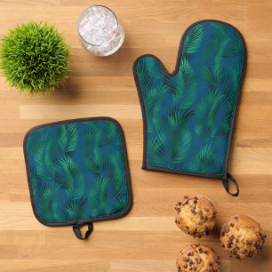 Ensemble De Gant De Cuisine Et De Manique Feuilles verts bleus tropicaux