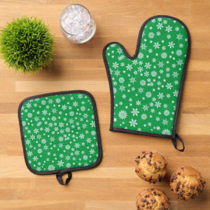 Ensemble De Gant De Cuisine Et De Manique Flammes de neige blanches à Noël vert