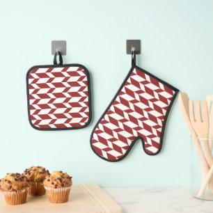 Ensemble De Gant De Cuisine Et De Manique Flèche Chevron Gras Deux Tons Blancs Rouge