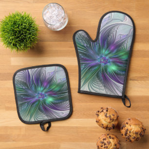 Ensemble De Gant De Cuisine Et De Manique Fleur Abstraite Moderne Art Fractal Vert Violet