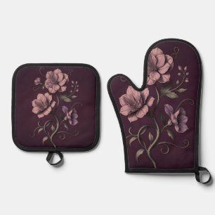 Ensemble De Gant De Cuisine Et De Manique Fleur d'anémone mauve pourpre Botanique foncée
