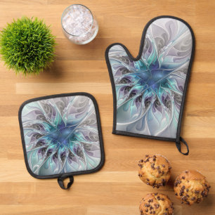 Ensemble De Gant De Cuisine Et De Manique Fleur fractale moderne abstraite avec du bleu