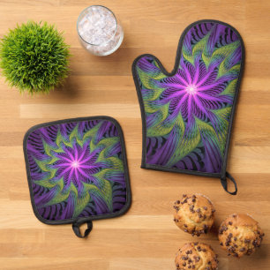 Ensemble De Gant De Cuisine Et De Manique Fleur verte violette Art fractal abstrait moderne