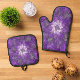 Ensemble De Gant De Cuisine Et De Manique Fleur Violette Psychedélique Art Fractal Abstrait