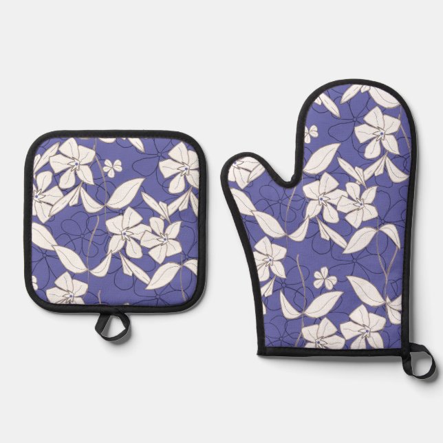 Ensemble De Gant De Cuisine Et De Manique Fleurs blanches modernes dessinées à la main sur u (Recto)