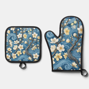 Ensemble De Gant De Cuisine Et De Manique Fleurs d'amandier de style Van Gogh