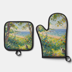 Ensemble De Gant De Cuisine Et De Manique Fleurs de chat et mer