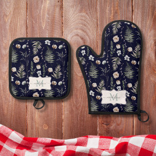 Ensemble De Gant De Cuisine Et De Manique Fleurs de monogramme et feuilles de fougère floral