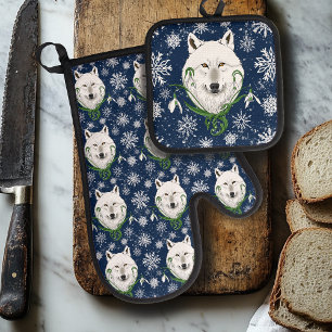 Ensemble De Gant De Cuisine Et De Manique Fleurs de neige du Loup arctique blanc
