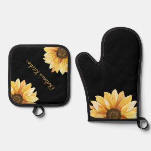 Ensemble De Gant De Cuisine Et De Manique Fleurs de soleil jaunes sur Noir Personnalisé
