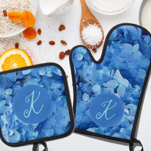 Ensemble De Gant De Cuisine Et De Manique Fleurs d'hortensia bleu Monogramme