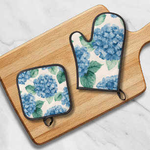 Ensemble De Gant De Cuisine Et De Manique Fleurs d'Hydrangea Bleus Aquarelle Botanique Flora