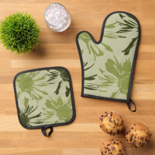 Ensemble De Gant De Cuisine Et De Manique Fleurs Lime Gerbera