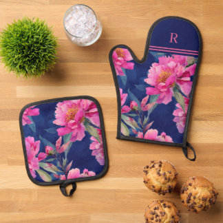 Ensemble De Gant De Cuisine Et De Manique Fleurs roses éclatantes en monogramme