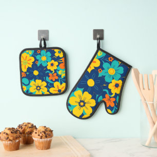 Ensemble De Gant De Cuisine Et De Manique Fleurs Rush Colorées-Dopamine Style-Retro