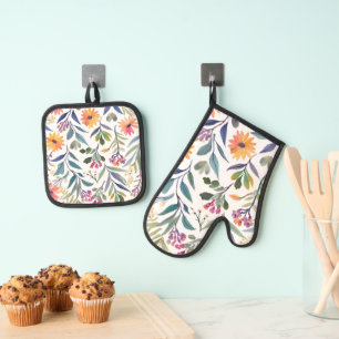 Ensemble De Gant De Cuisine Et De Manique Fleurs sauvages colorées Aquarelle florale magni