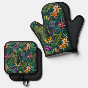Ensemble De Gant De Cuisine Et De Manique Fleurs tropicales
