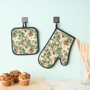 Ensemble De Gant De Cuisine Et De Manique Fleurs tropicales colorées Oiseaux