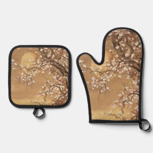 Ensemble De Gant De Cuisine Et De Manique Fleurs vintages de prunes japonaises au clair de l