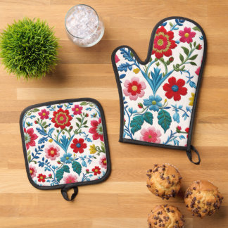 Ensemble De Gant De Cuisine Et De Manique "Floral Bliss Apron – Brighten Up Your Kitchen!"