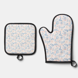 Ensemble De Gant De Cuisine Et De Manique Floral design boho block print blue pink girly