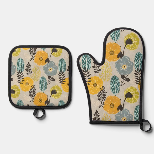Ensemble De Gant De Cuisine Et De Manique Floral moderne rétro sur gris (Recto)