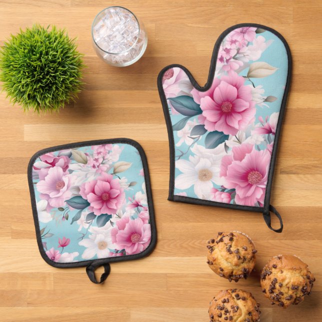 Ensemble De Gant De Cuisine Et De Manique Floral rose (De haut en bas)
