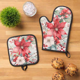 Ensemble De Gant De Cuisine Et De Manique Florales d'hiver Feuillage Rouge Poinsettia Berrie