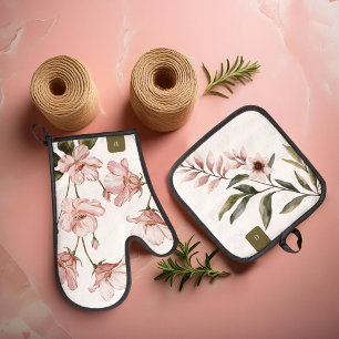 Ensemble De Gant De Cuisine Et De Manique Floraux d'aquarelle rose vintage et monogramme