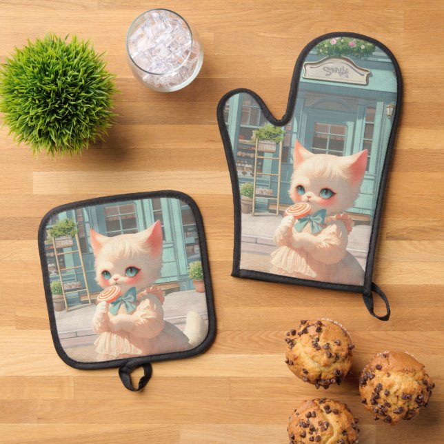 Ensemble De Gant De Cuisine Et De Manique Fluffy Kitten avec Lollipop à la pâtisserie (De haut en bas)