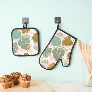 Ensemble De Gant De Cuisine Et De Manique Foliage Tropical - Motif Monstère Et Feuille De Pa