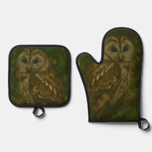 Ensemble De Gant De Cuisine Et De Manique Forest Sentinel - Tawny Owl Wildlife Art