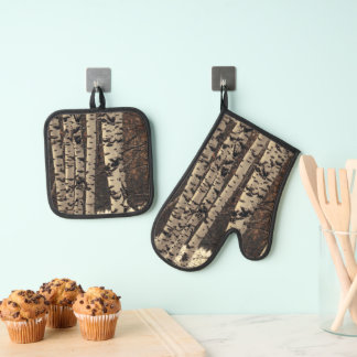 Ensemble De Gant De Cuisine Et De Manique Forêt de bouleaux nature