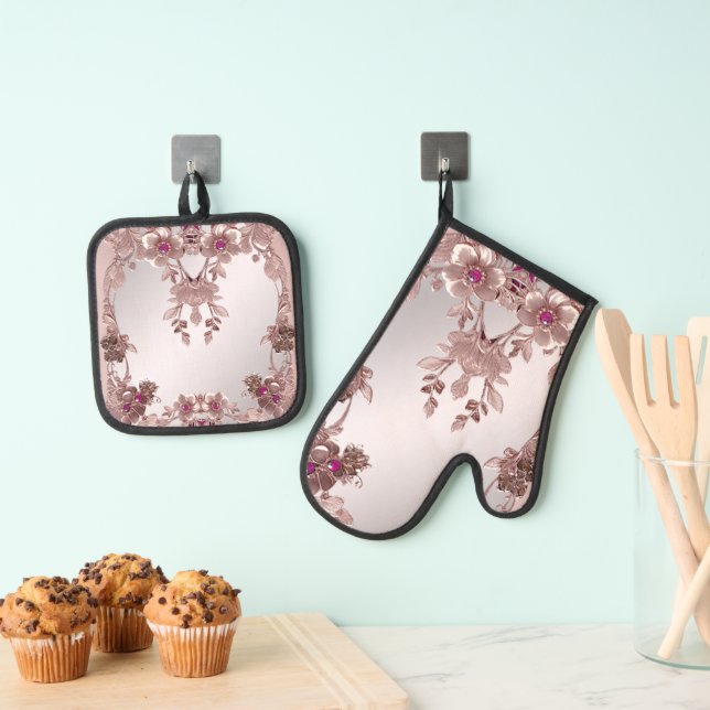 Ensemble De Gant De Cuisine Et De Manique Four Floral Rose Orné Mitt & Pot Pot Set (In situ (suspendu))