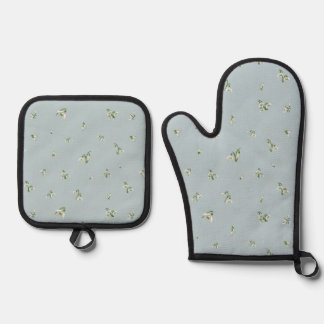 Ensemble De Gant De Cuisine Et De Manique Frost Blue Japanese Snowdrop Floral Pattern