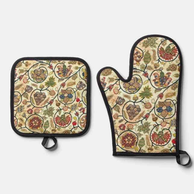 Ensemble De Gant De Cuisine Et De Manique Fruits et fleurs de broderie (Recto)