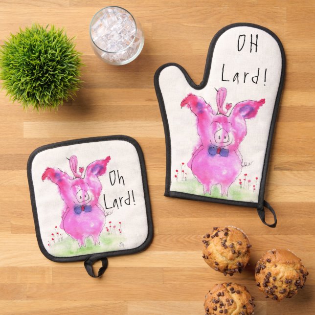 Ensemble De Gant De Cuisine Et De Manique Funny Oh Lard Pig (De haut en bas)