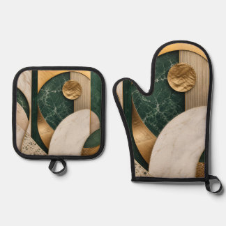 Ensemble De Gant De Cuisine Et De Manique Gant de four moderne émeraude et beige abstrait et