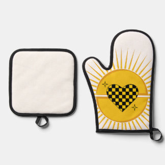 Ensemble De Gant De Cuisine Et De Manique Gants de cuisine Cœur à carreaux du soleil doré & 