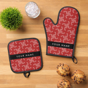 Ensemble De Gant De Cuisine Et De Manique Garland de Noël, Rouge, Votre nom, Personnaliser