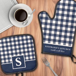 Ensemble De Gant De Cuisine Et De Manique Gingham carreauté bleu marine à monogramme