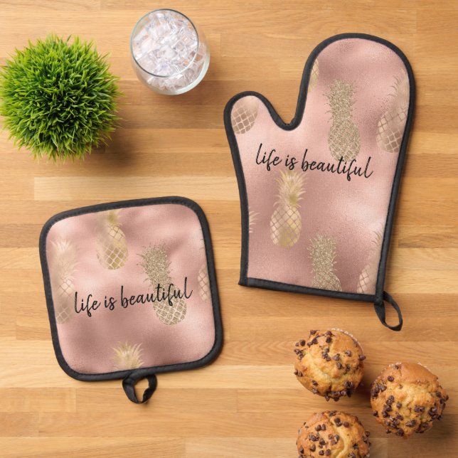 Ensemble De Gant De Cuisine Et De Manique Glam Pink Gold Ananas (De haut en bas)
