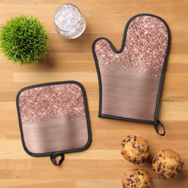 Ensemble De Gant De Cuisine Et De Manique Glitter Rose Gold Glam (De haut en bas)