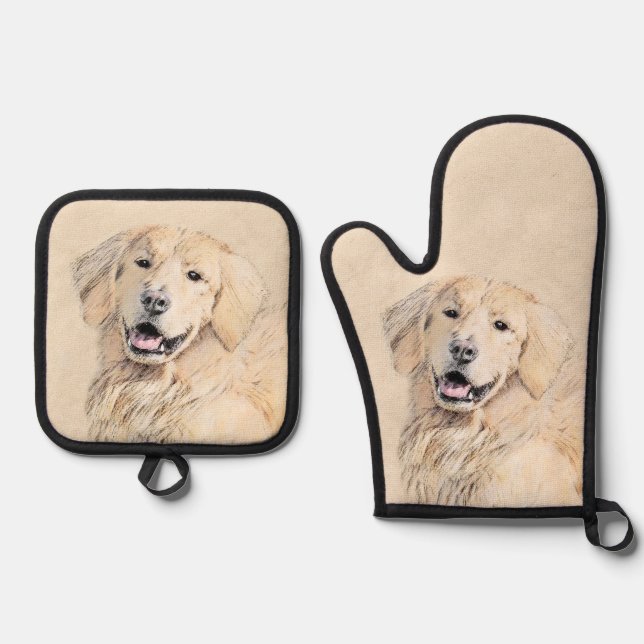 Ensemble De Gant De Cuisine Et De Manique Golden Retriever Painting mignon Original Chien Ar (Recto)