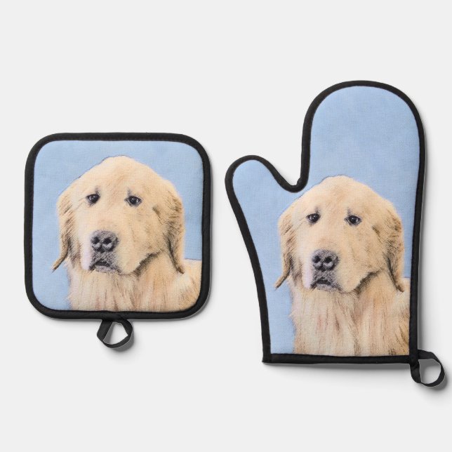 Ensemble De Gant De Cuisine Et De Manique Golden Retriever Painting mignon Original Chien Ar (Recto)